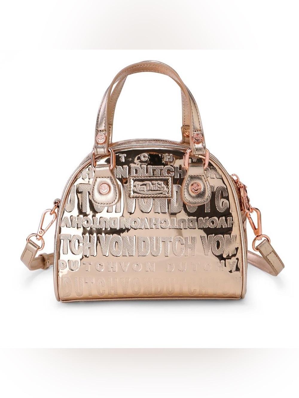 NWT Von Dutch Rose Gold Reflective Bowling Bag W. Free Bag Chain With Charms